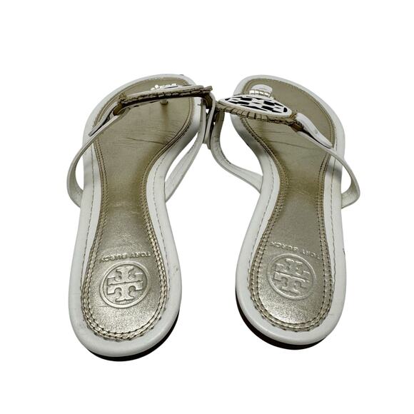 TORY BURCH Metallic Gold Cream Fringe Miller Logo Sandals Flip Flops Size 8 - Picture 3 of 9